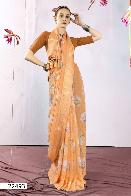 Fancy Georgette Printed Saree With blouse and swaroski stone work border